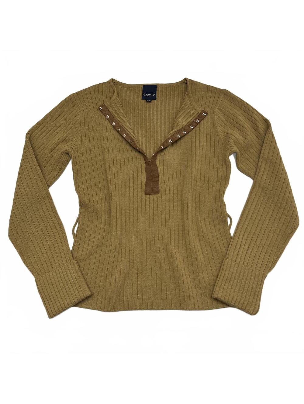 Vintage Garoche Sz M Tan Ribbed Sweater Hook & Eye Closure & Suede Trim Grunge